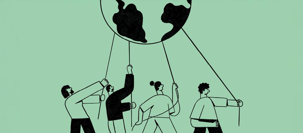 Illustration von vier Personen, die gemeinsam mit Seilen eine stilisierte Erdkugel halten, auf grünem Hintergrund – symbolisch für Zusammenhalt und Nachhaltigkeit.