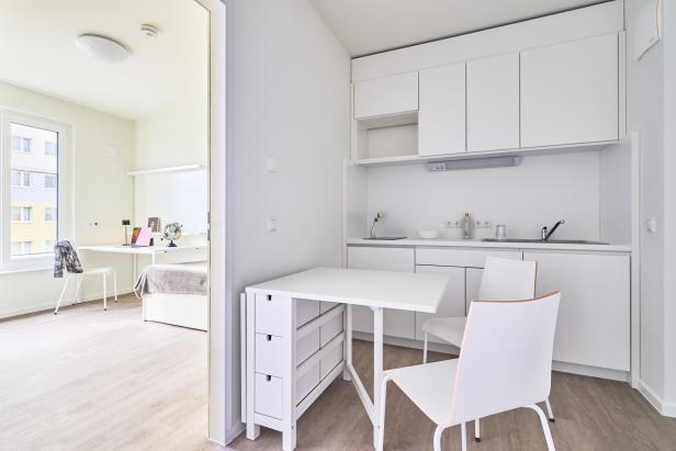 community kitchen with room view